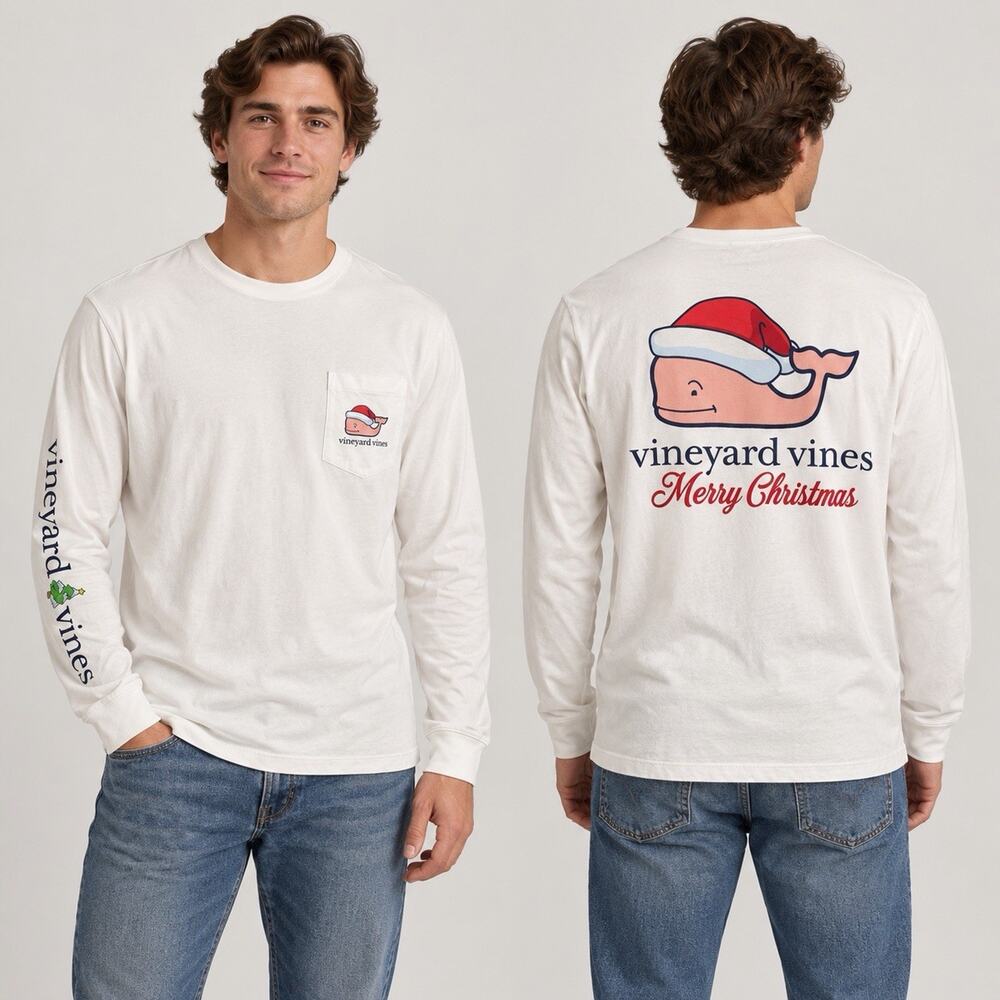 Vineyard Vines Christmas Santa Whale Long Sleeve Pocket T Shirt Men’s M White